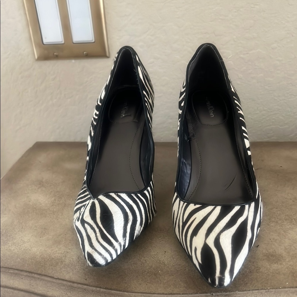 Calvin Klein Black and White Heels with Zebra Print